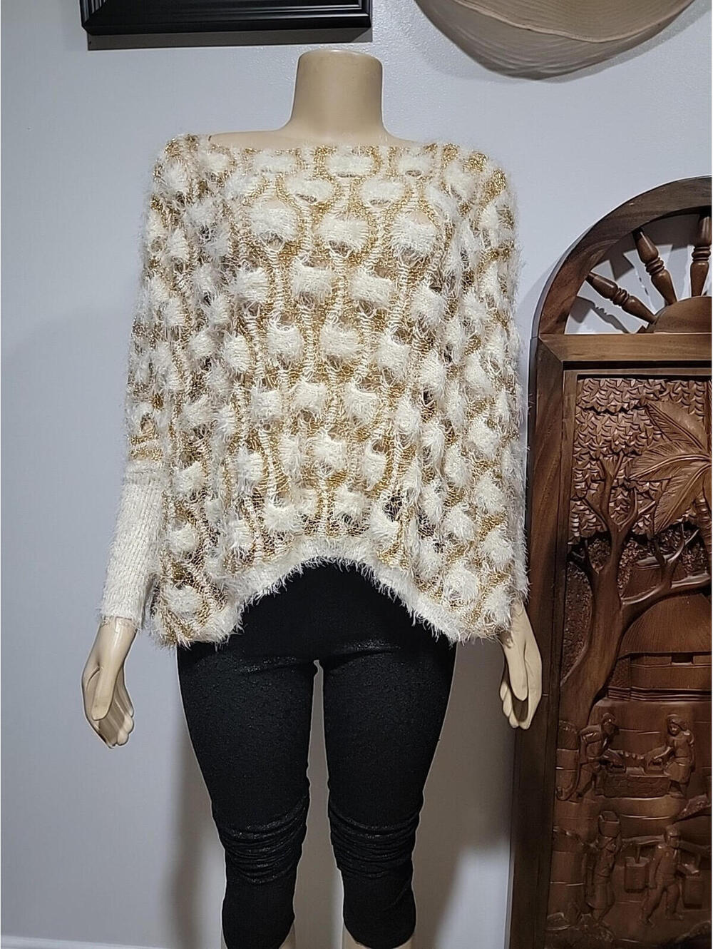 Miss Finch Glamorous Ivory Gold Furry Sweater Dolman Sleeve One Size  #C4